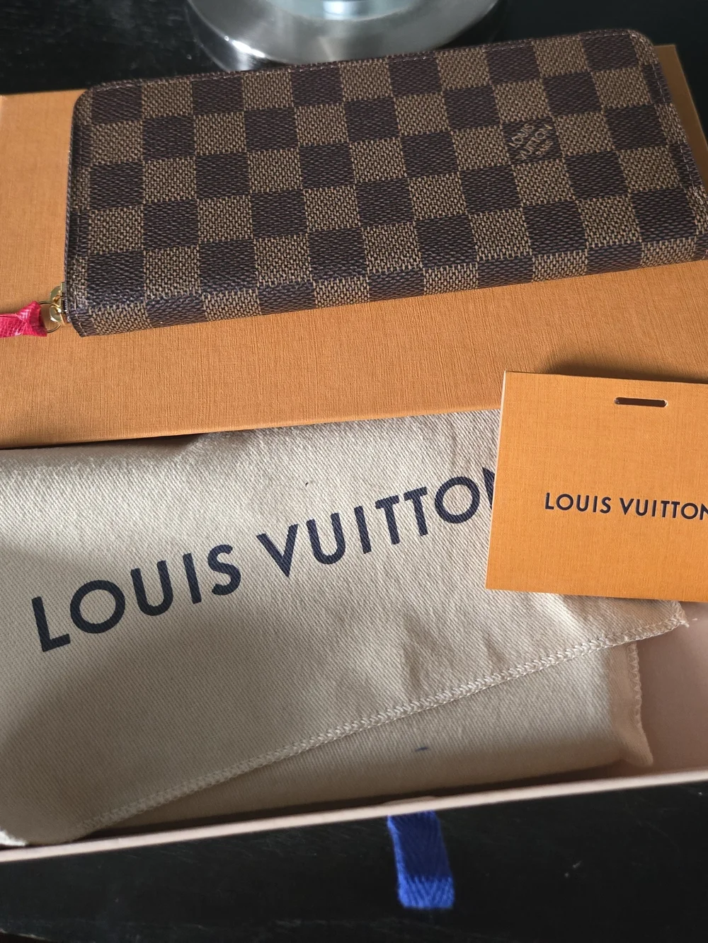 Louis Vuitton Damier Ebene Porte Monn Canvas Zip Wallet in Brown and Dark Brown